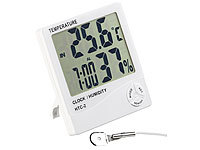 PEARL Digitales Thermometer & Hygrometer mit Außensensor, Uhr und Wecker